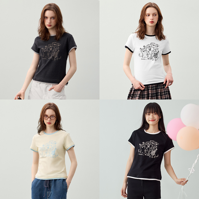 PSO Brand女装【假两件】弹力罗纹可爱涂鸦哈喽猫狗撞色短袖T恤潮