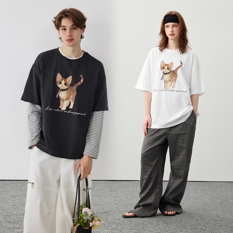 PSO Brand 男装女装针织可爱小猫图案圆领短袖T恤宽松体恤潮牌夏