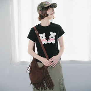 可爱贴布绣小狗圆领短袖 假两件蕾丝款 t恤体恤夏 Brand女装 PSO