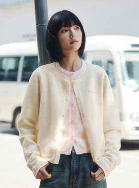 PSO Brand女装假两件奶油针织短款毛衣开衫外套女小个子百搭秋季