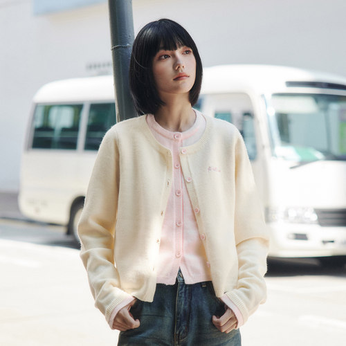 PSO Brand女装假两件奶油针织短款毛衣开衫外套女小个子百搭秋季