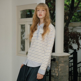 可爱西高地刺绣假两件撞色条纹POLO领针织上衣秋冬 女装 PSO Brand