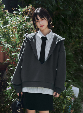 PSO Brand男装女装假两件V领条纹衬衫拼宽松卫衣女款加厚秋季外套