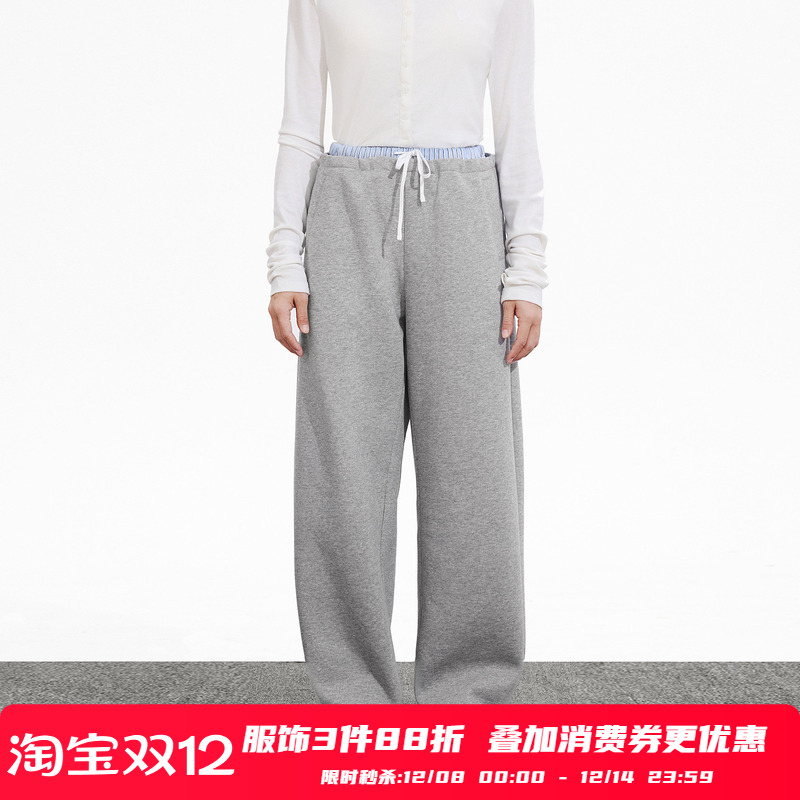 PSO Brand女装条纹撞色宽松直筒卫裤女款休闲阔腿灰色裤子潮牌