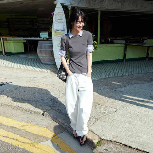 PSO Brand女装假两件翻领修身女士短袖t恤休闲正肩半袖上衣夏季