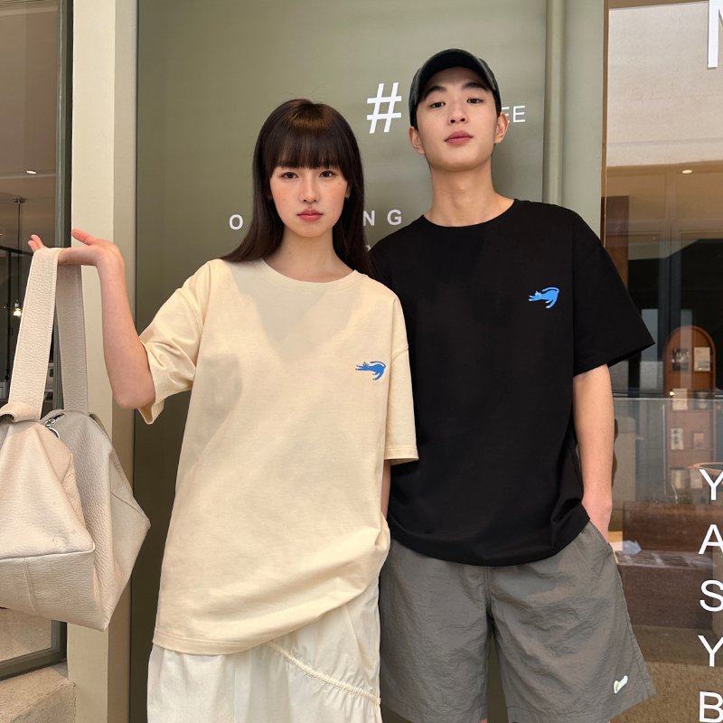 PSO Brand 男装女装双纱针织可爱小猫纯棉短袖T恤夏季情侣体恤国