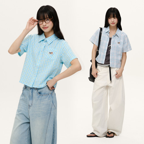 PSO Brand 女装可爱比格犬色织格纹短袖衬衫短款衬衣外套百搭潮牌