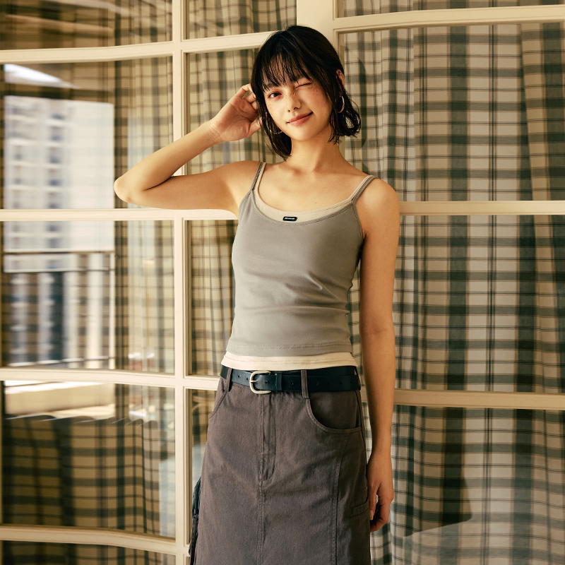 PSO Brand女装【假两件】220克弹力罗纹撞色吊带背心内搭无袖T恤