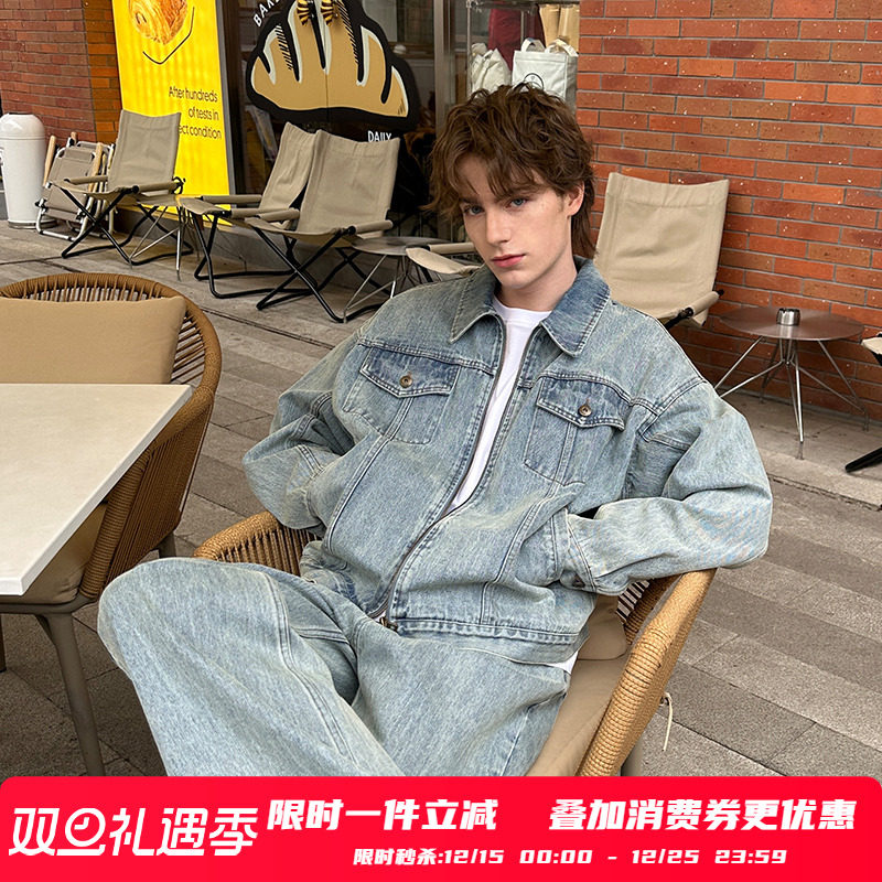 PSO Brand男装女装复古翻领蓝牛仔拉链夹克外套上衣休闲宽松秋季