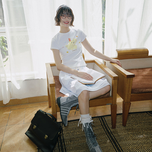 显瘦夏季 PSO 可爱小狗涂鸦弹力针织圆领修身 短袖 T恤上衣 Brand女装