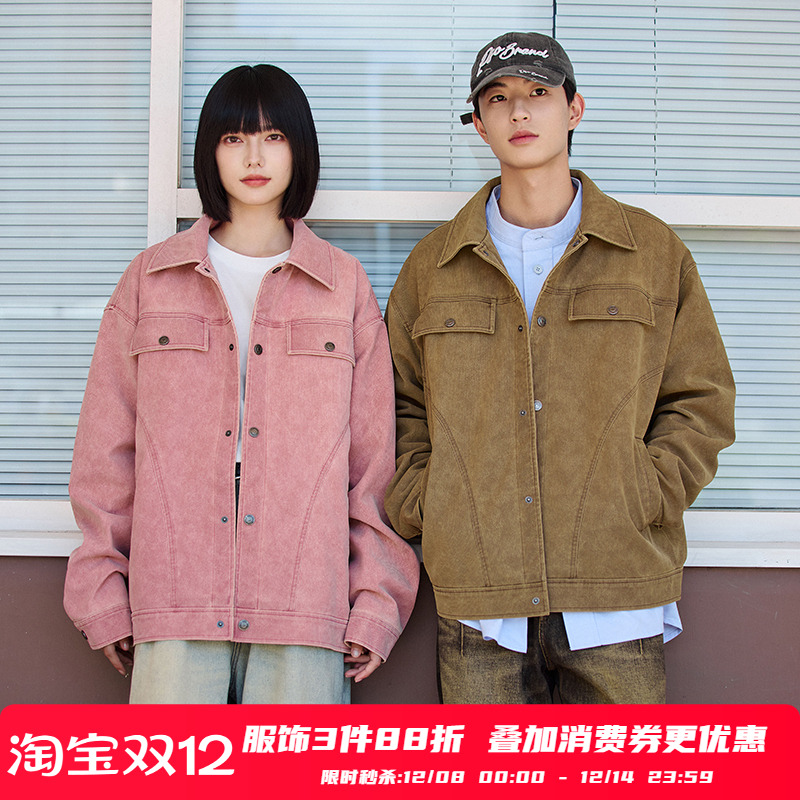 PSO Brand男装女装PU皮美式复古机车夹克外套做旧宽松棉服上衣