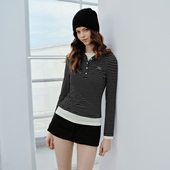 PSO t恤 上衣休闲黑色修身 Brand女装 假两件撞色条纹连帽女士长袖