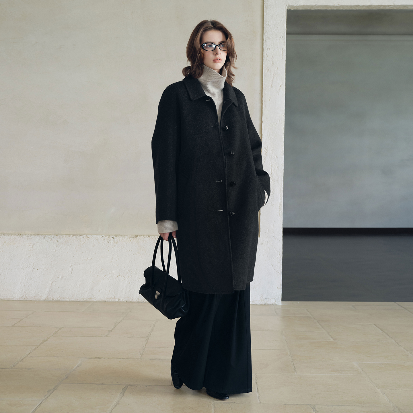 PSO Brand女装【羊毛】翻领黑色毛呢大衣中长款呢子外套女款冬季