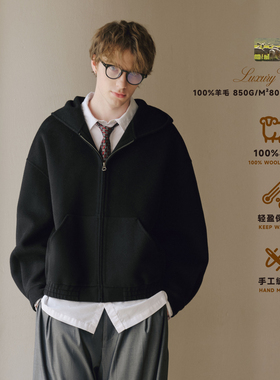 PSO Brand男装女装100%绵羊毛美式连帽短款毛呢外套黑色夹克男