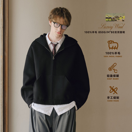 PSO Brand男装女装100%绵羊毛美式连帽短款毛呢外套黑色夹克男