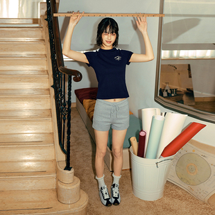 PSO 凉感冰皮 弹力针织可爱小狗撞色拼接短袖 T恤上衣 Brand女装