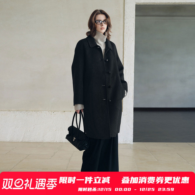 PSO Brand女装【羊毛】翻领黑色毛呢大衣中长款呢子外套女款冬季