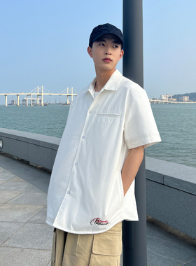 PSO Brand男装女装斜纹梭织重影LOGO刺绣白色衬衫男宽松短袖衬衣