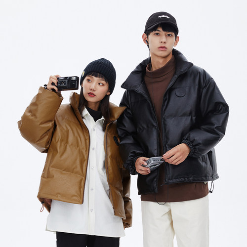 皮面料短款潮牌加厚立领羽绒服