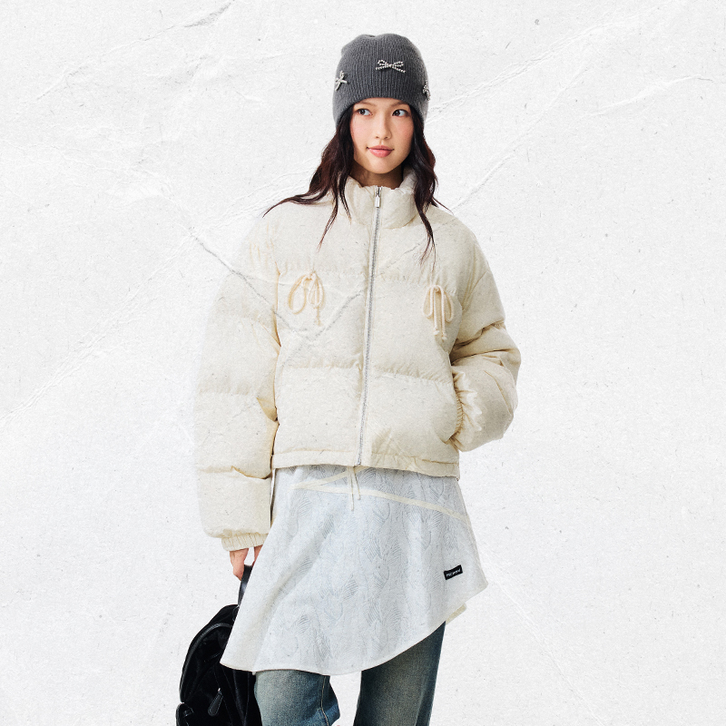 PSO Brand女装蝴蝶结绑带修身显瘦短款羽绒服外套冬季保暖防寒服