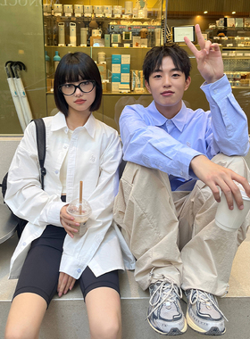 PSO Brand男装女装牛津纺基础长袖蓝色衬衫宽松休闲衬衣情侣外套