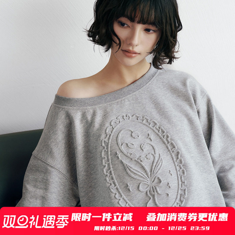 PSO Brand 女装一字肩长袖露肩设计感上衣女灰色卫衣外套潮牌秋冬