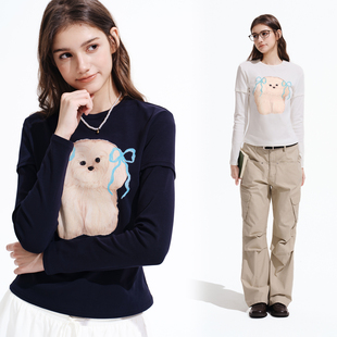上衣女针织修身 PSO 可爱小狗圆领长袖 假两件 显瘦T恤 Brand女装
