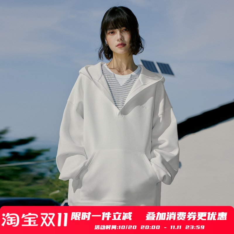 PSO Brand 男装女装空气层大V领纯色刺绣宽松连帽卫衣外套秋冬潮