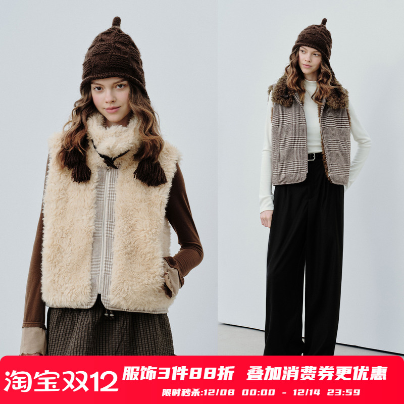 PSO Brand女装双面穿千鸟格翻领毛绒马甲背心保暖毛呢女款马夹