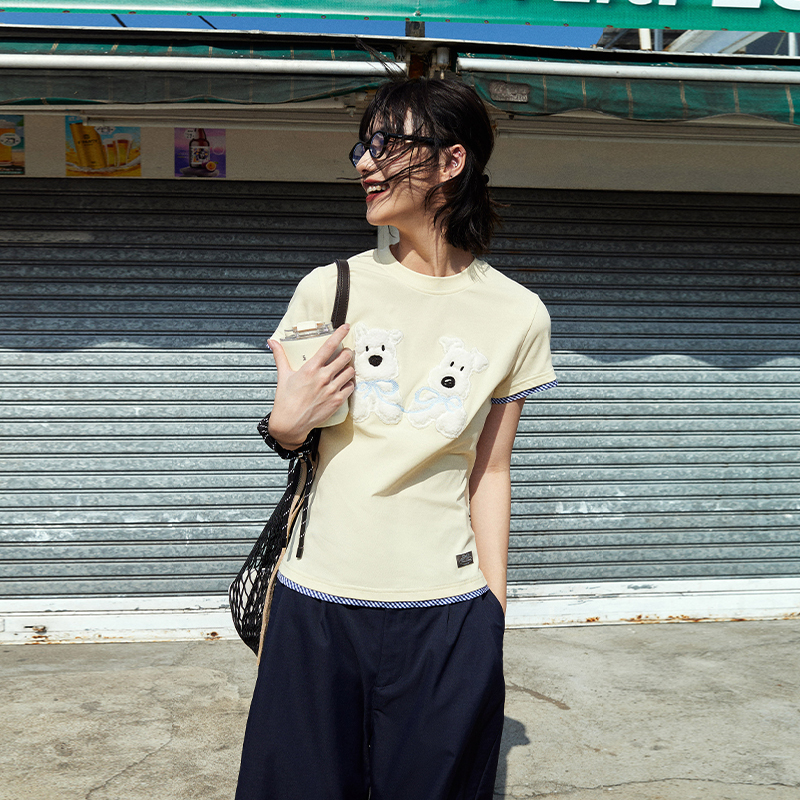 PSO Brand女装【假两件】罗纹针织贴布绣小狗短款圆领短袖T恤上衣