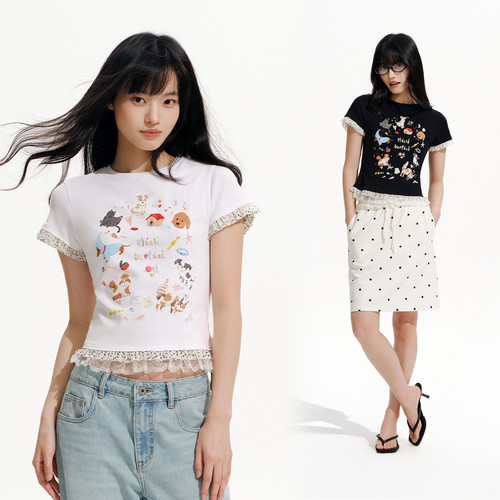 PSO Brand女装可爱猫狗圆领凉感透气短袖女t恤蕾丝花边修身短上衣