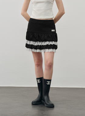 PSO Brand 女装学院风空气层黑色蛋糕裙休闲显瘦A字蕾丝花边短裙