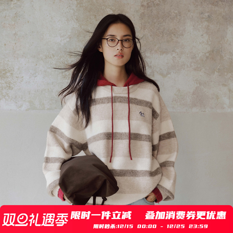 【周深同款】PSO Brand男装女装假两件条纹撞色针织衫连帽毛衣