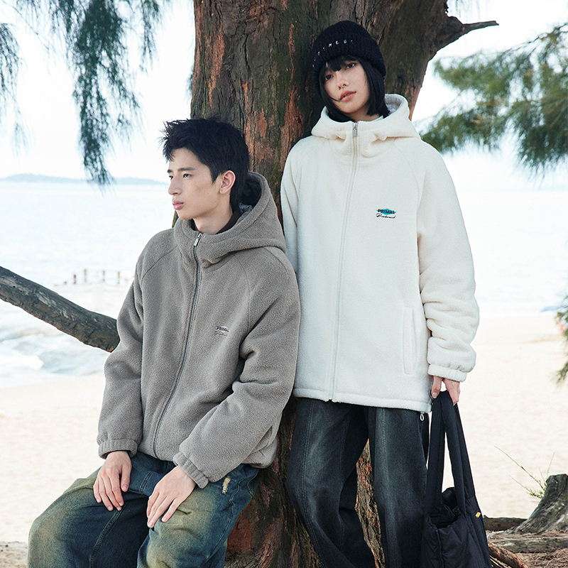 PSO Brand男装女装双面摇粒绒刺绣连帽棉服休闲加厚保暖外套冬季