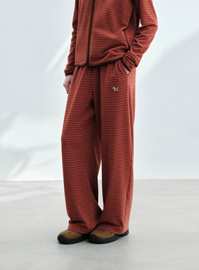PSO Brand女装可爱小狗撞色条纹直筒红色卫裤女款阔腿休闲裤子