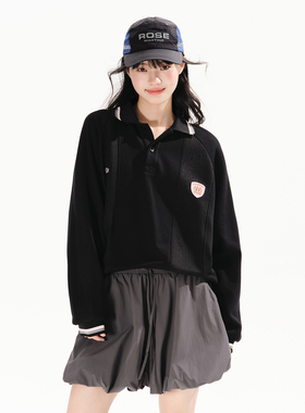 PSO Brand男装女装学院风条纹撞色翻领黑色卫衣女款长袖POLO衫