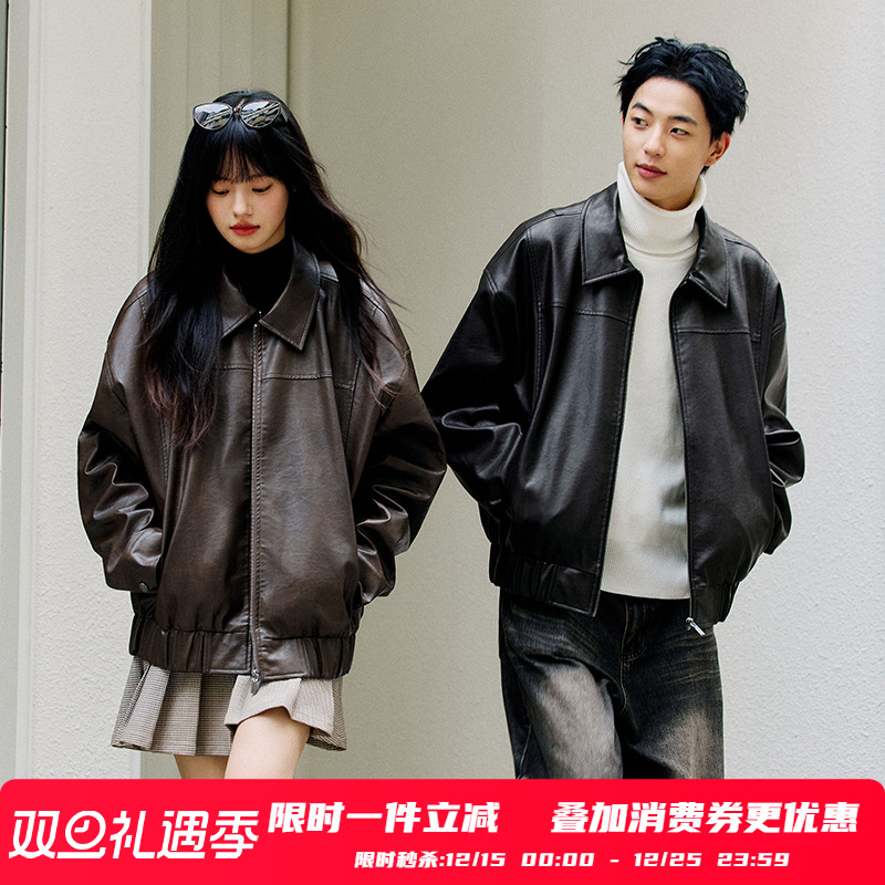 PSO Brand男装女装翻领拉链拼接皮衣美式夹克外套秋冬机车飞行员