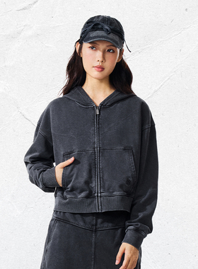 PSO Brand女装美式复古做旧水洗黑色连帽开衫卫衣拉链短外套百搭