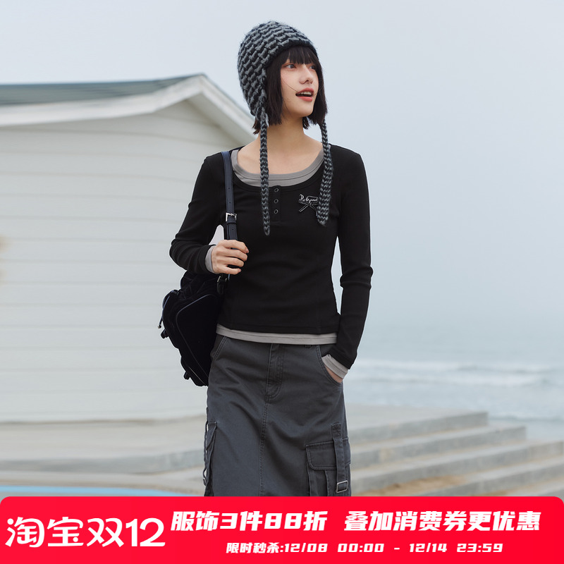 PSO Brand女装【假两件】撞色拼接棉刺绣方领修身长袖上衣早秋潮