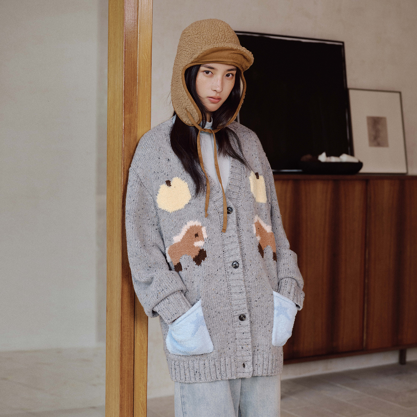 PSO Brand男装女装【马年限定】可爱小马V领提花针织毛衣开衫外套