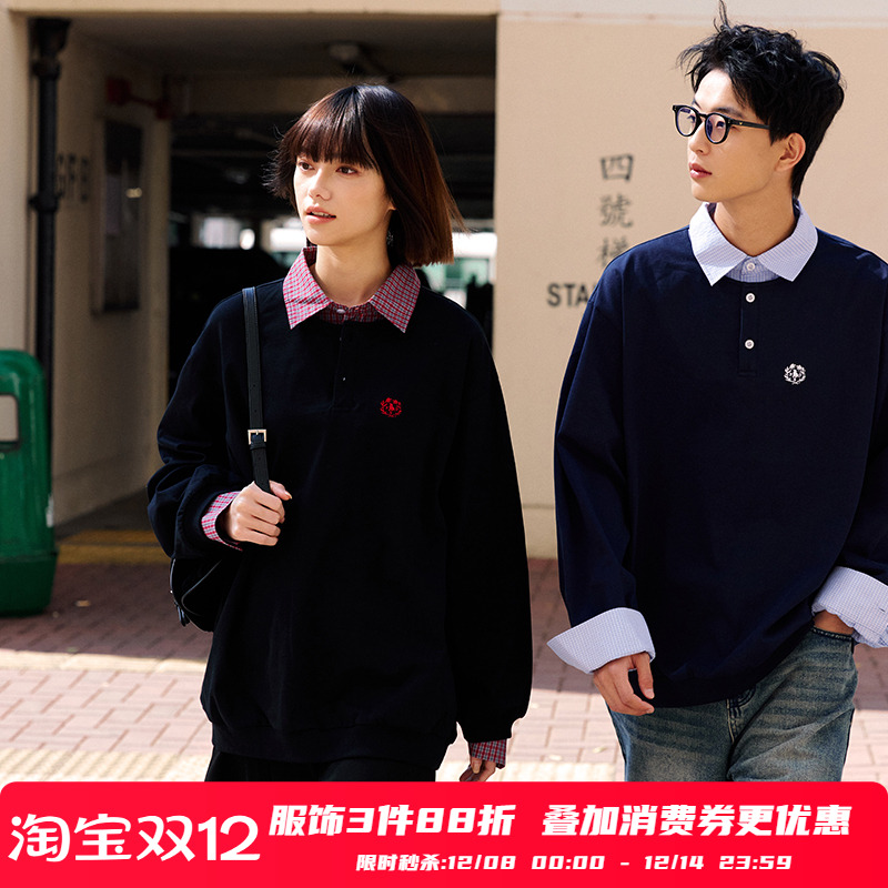 PSO Brand 男装女装假两件针织POLO衫宽松长袖上衣格子衬衫情侣装