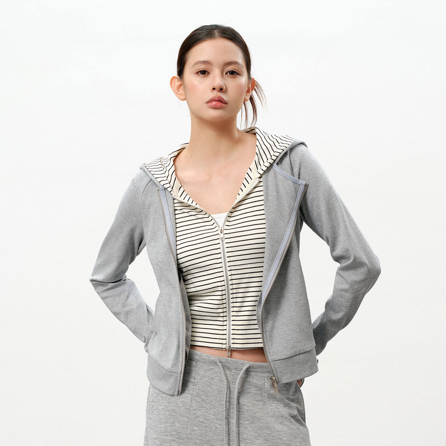 PSO Brand女装假两件条纹连帽灰色卫衣女款修身上衣斜拉链外套,男装,卫衣,淘宝优惠券,粉丝福利购,淘宝优惠卷