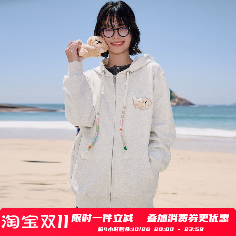 PSO Brand女装可拆卸玩偶针织拉链连帽卫衣外套宽松长袖上衣百搭