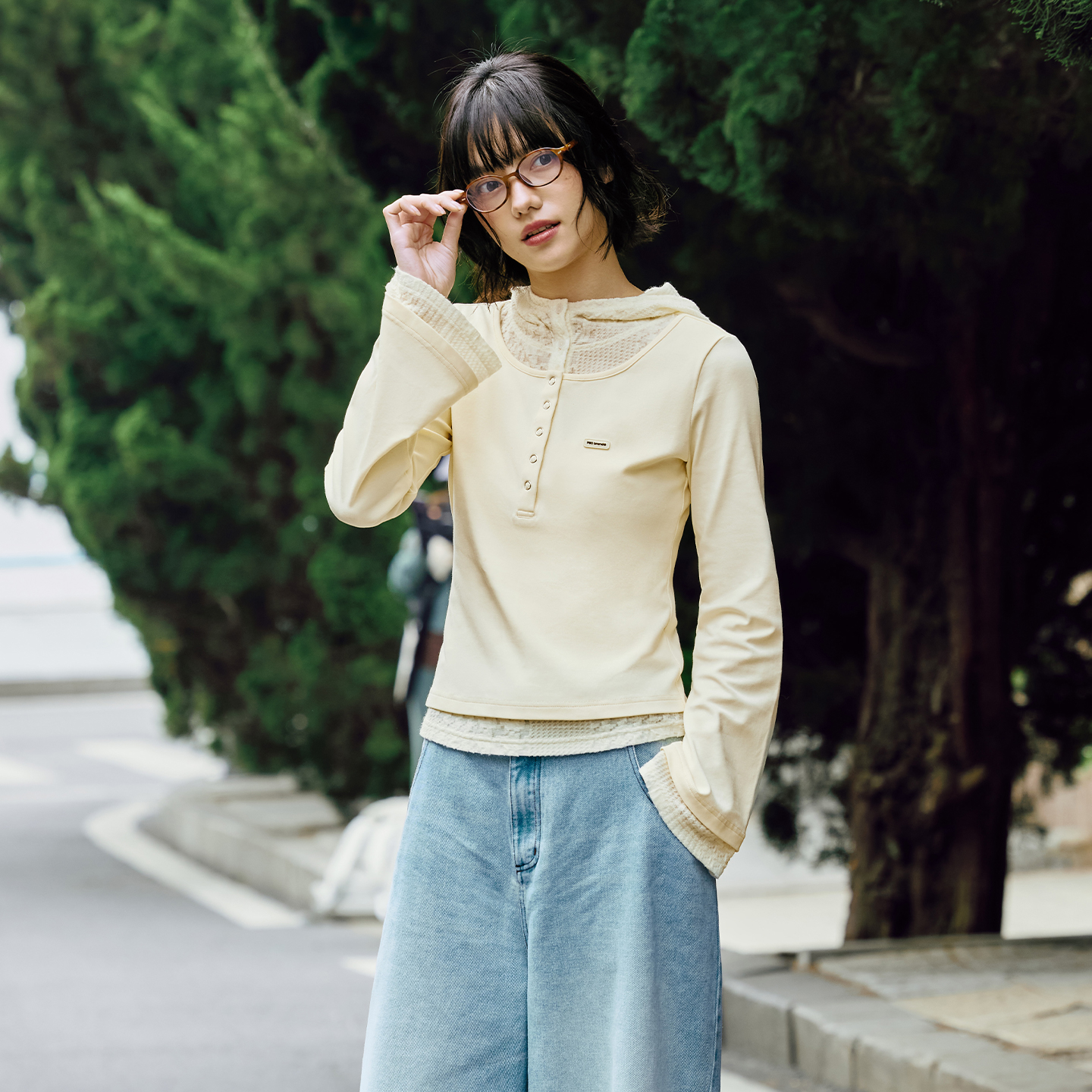 PSO Brand 女装假两件弹力棉蕾丝拼接提花连帽正肩长袖上衣早秋潮