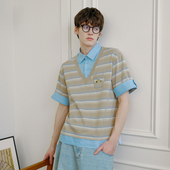 PSO POLO上衣 假两件V领复古老爷车撞色条纹刺绣短袖 Brand男装 女装