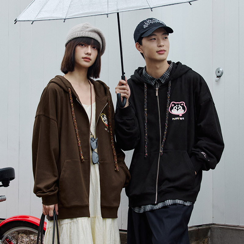 PSO Brand男装女装可爱牙刷绣小狗连帽拉链宽松开衫卫衣外套潮牌