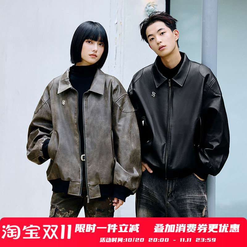 PSO Brand男装女装美式复古风撞钉翻领拉链飞行夹克棉服皮衣外套