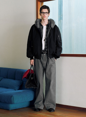 PSO Brand男装女装美式毛领连帽厚外套女款宽松拉链飞行夹克潮