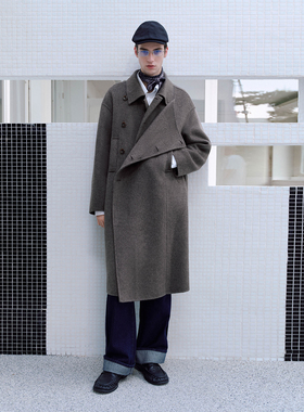 PSO Brand男装女装羊毛翻领中长款毛呢黑色大衣宽松束腰外套冬季