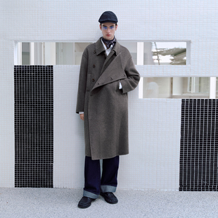 PSO Brand男装女装羊毛翻领中长款毛呢黑色大衣宽松束腰外套冬季